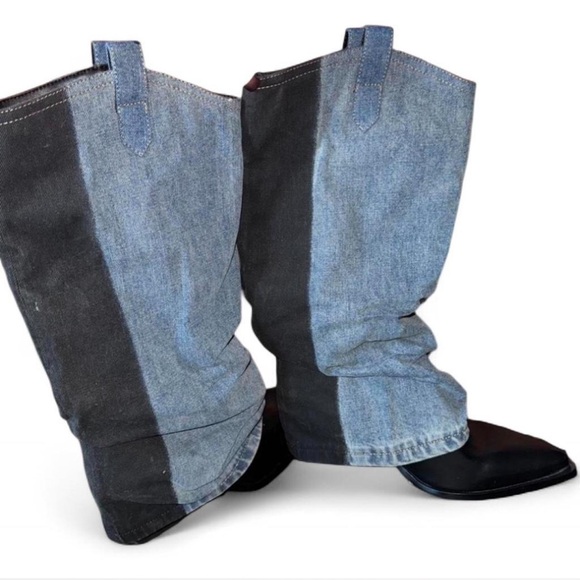 Denim and Black Heeled Boots - Picture 2 of 4